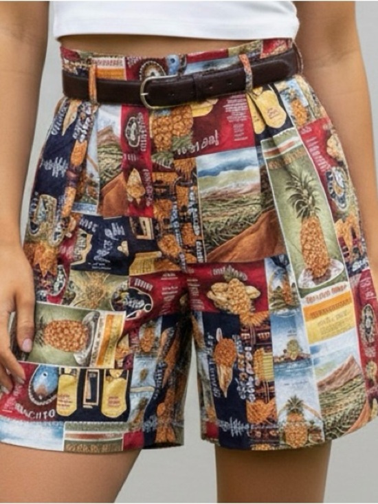Vintage Pants - Handmade Hawaiian / Pineapple Postcard Print Paperbag Shorts - Medium